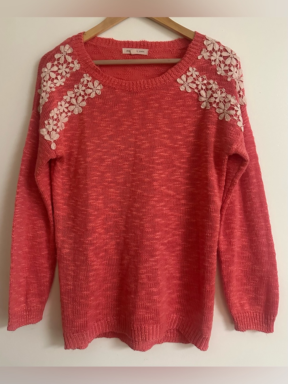 Pink Rose Coral Crewneck Sweater with Cream Floral Appliqué